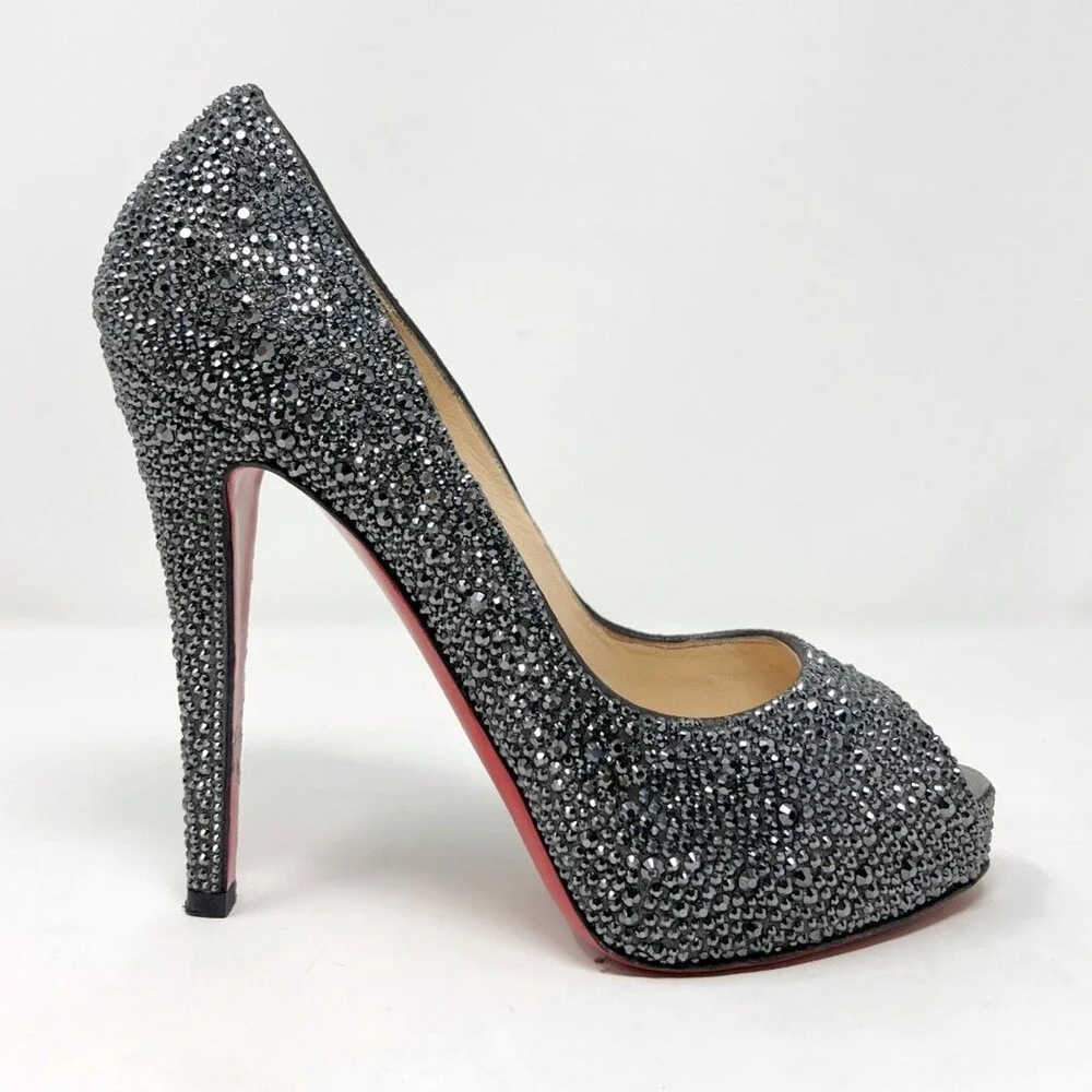 Christian Louboutin Silver Crystal‎ Platform Peep Toe Heels 38